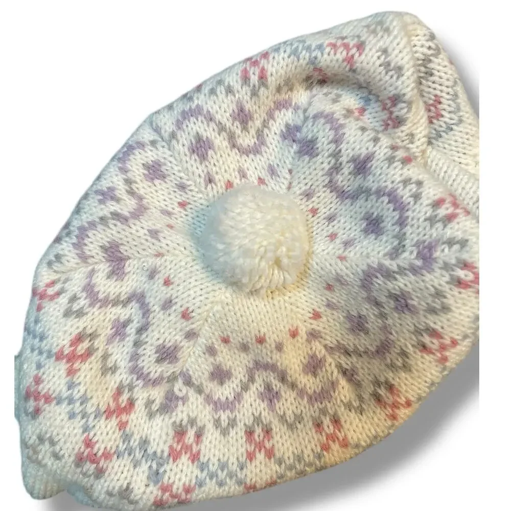 Hansen Vintage Knit Beanie Made in USA Pom Hat Ski Snow Pastel Blue Purple Gift